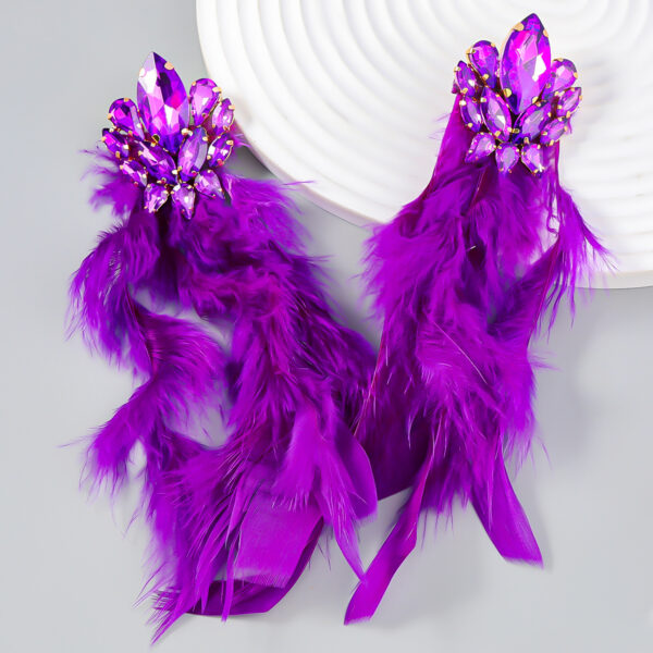 Wholesale Diamond studded floral long feather fringe earrings