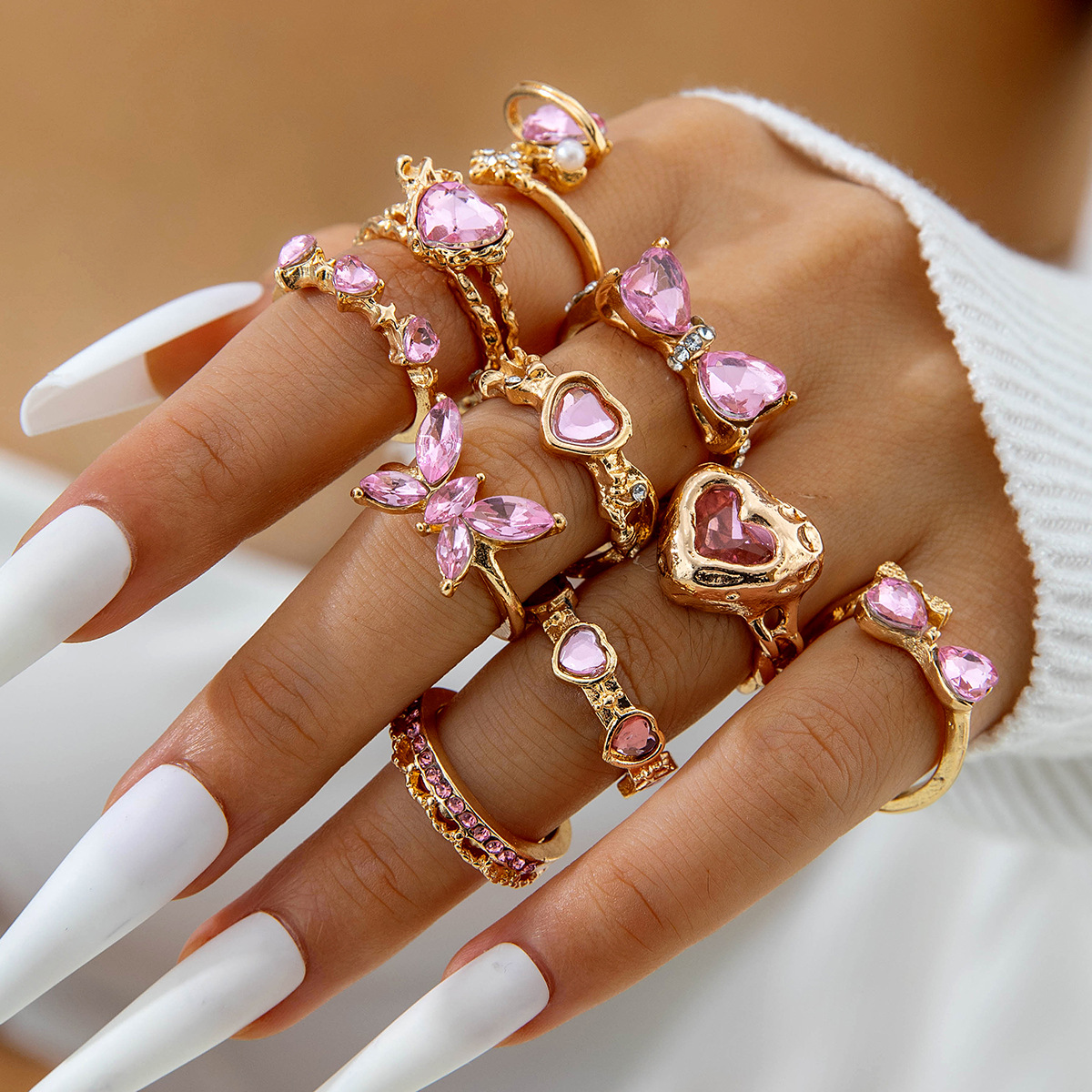 Wholesale Luxury Heart Gemstone Ring Set Open Ring
