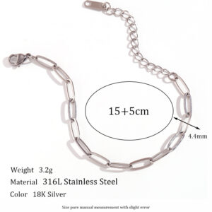 4.4mm paper clip chain-steel color bracelet -15cm +5cm
