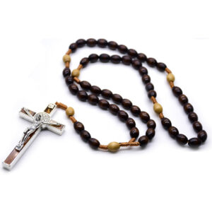 Wholesale Dark Brown Rice-Shaped Rosary Cross Necklace