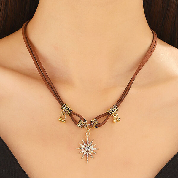 Wholesale Octagonal Star Brown Leather Sun Double Layer Necklace