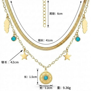 Double-chain turquoise disc necklace in gold