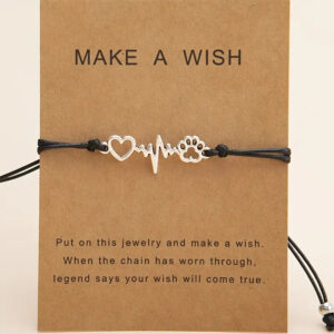 Black rope silver heart and dog paw