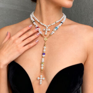 Cross pearl stacked necklace-x5894