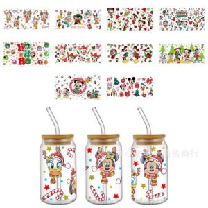 Wholesale Christmas Cartoon UV DTF Transfer Crystal Transparent 16oz Sticker Glass Special Scratch Resistant Wholesale Cross Border