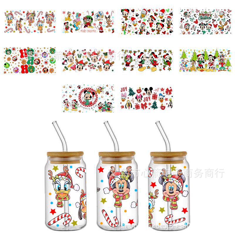 Wholesale Christmas Cartoon UV DTF Transfer Crystal Transparent 16oz Sticker Glass Special Scratch Resistant Wholesale Cross Border