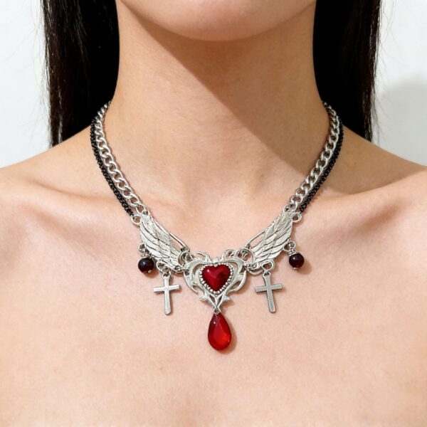 O1CN01byhogN1OnYEjSiOtF_2209731171750-0-cib Wholesale Sweet Cool Red Angel Wings Gothic Cross Tassel Necklace