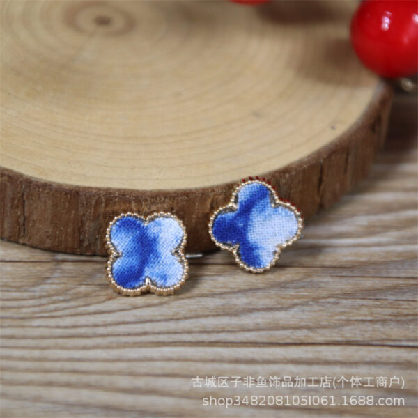 Wholesale Blue Dyed Tie-dye Retro Ethnic Literary Plant Fabric Earrings S925 Silver