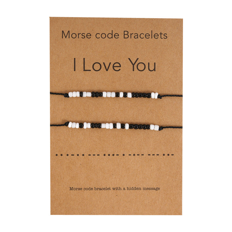 Wholesale Valentine's Day Morse Code Black and White Rice Bead Weaving Bracelet Set