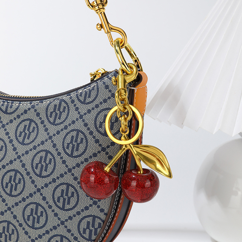 Wholesale Red cherry gold leaf metal keychain