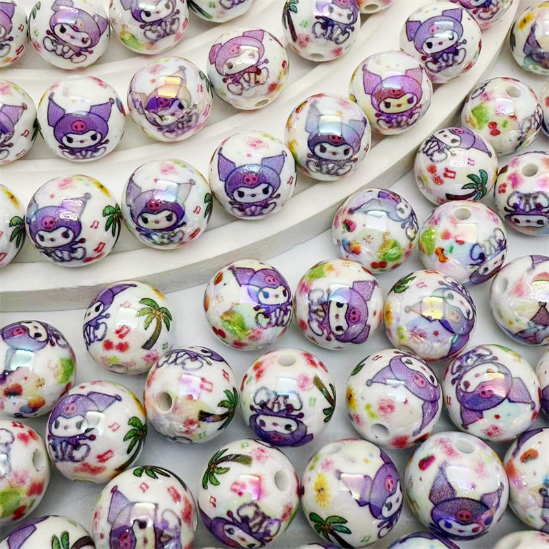 Wholesale 16mm Acrylic Real Color Plated Printing Cartoon Straight Hole Round Bead DIY Mobile Phone Rope Keychain Aessories