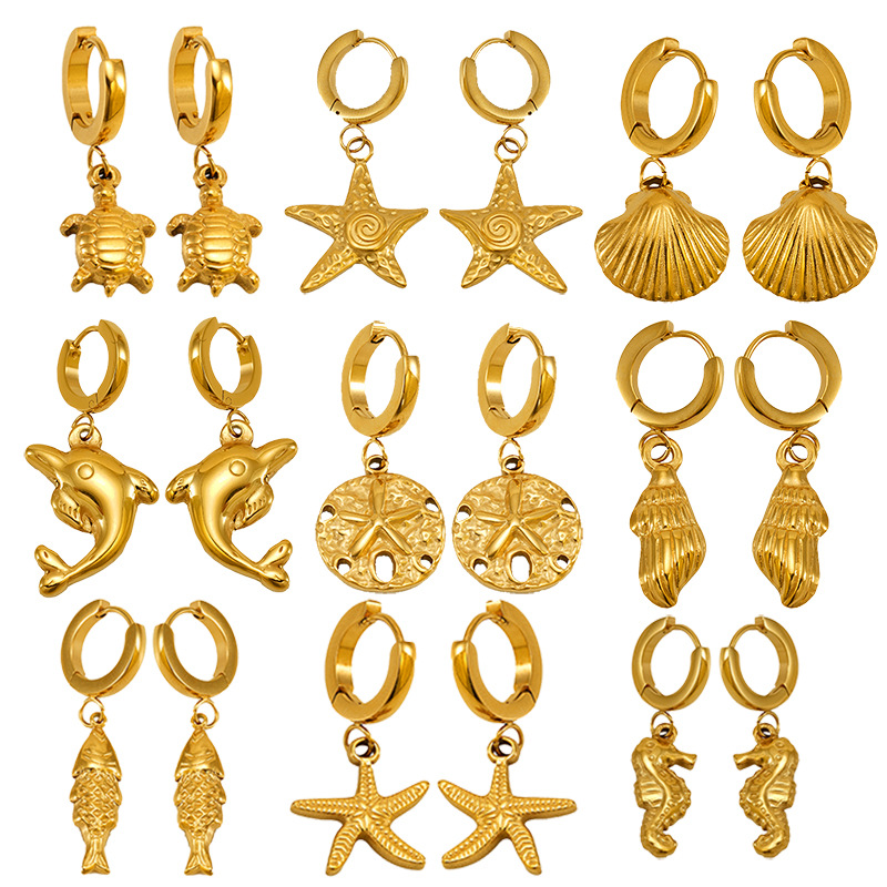 Wholesale Gold Turtle, Conch, Starfish, Crab Pendant Titanium Steel Earrings