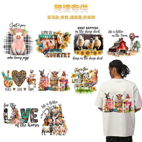 Wholesale Heat Transfer Printing Factory Specializes in Cross-Border Supply of Farm Animals Such as Chickens, Pigs, Sheep, Horses, and Flowers, Heat Transfer Stickers, Custom-Made, In-Stock