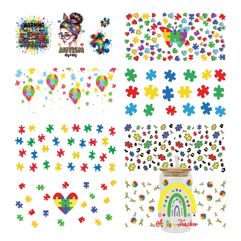Wholesale Colorful Cartoon Puzzle 16oz C UV DTF Wraps
