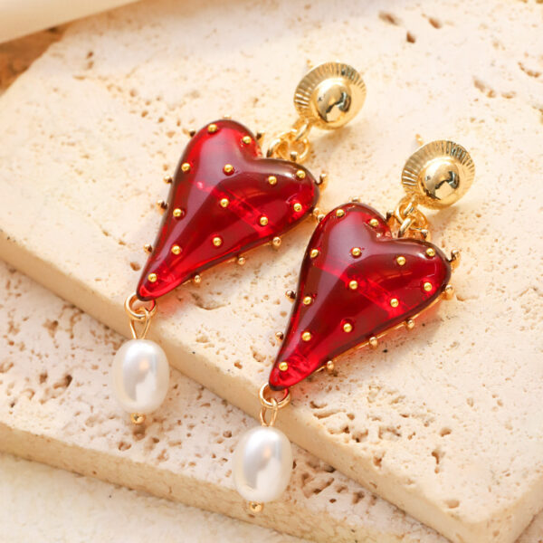 Wholesale Half transparent red tassel heart-shaped earrings