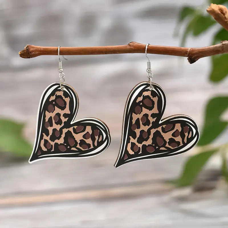 Wholesale Mother's Day Leopard Print Love Double-Sided Wooden Earrings