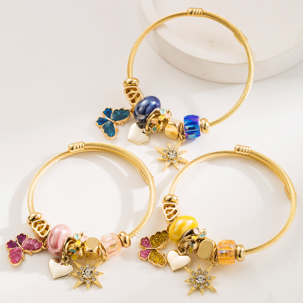 Wholesale ip oil butterfly diamond studded hexagonal star stainless steel bracelet