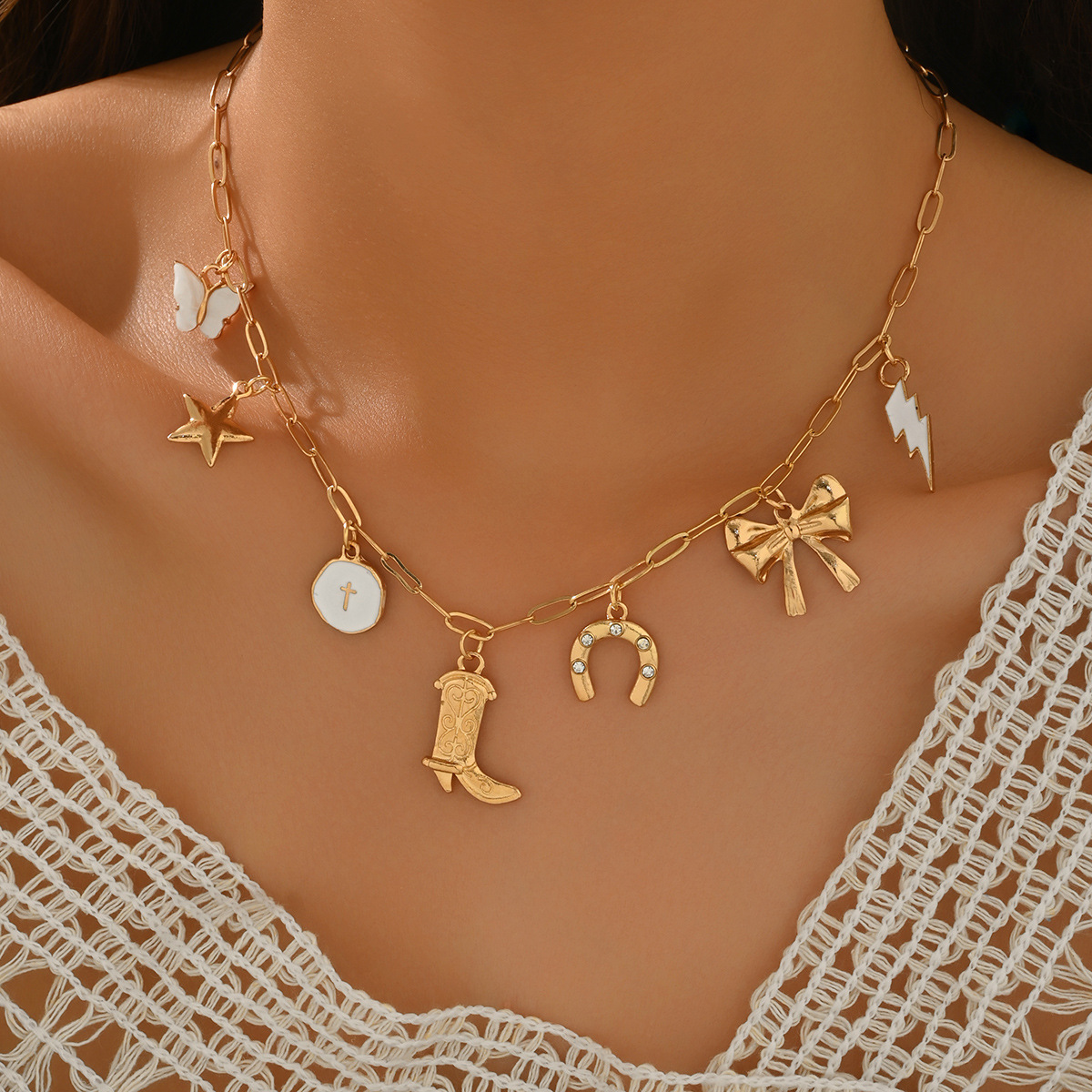 Wholesale Butterfly Star Lightning Western Cowboy Boots Horseshoe Necklace