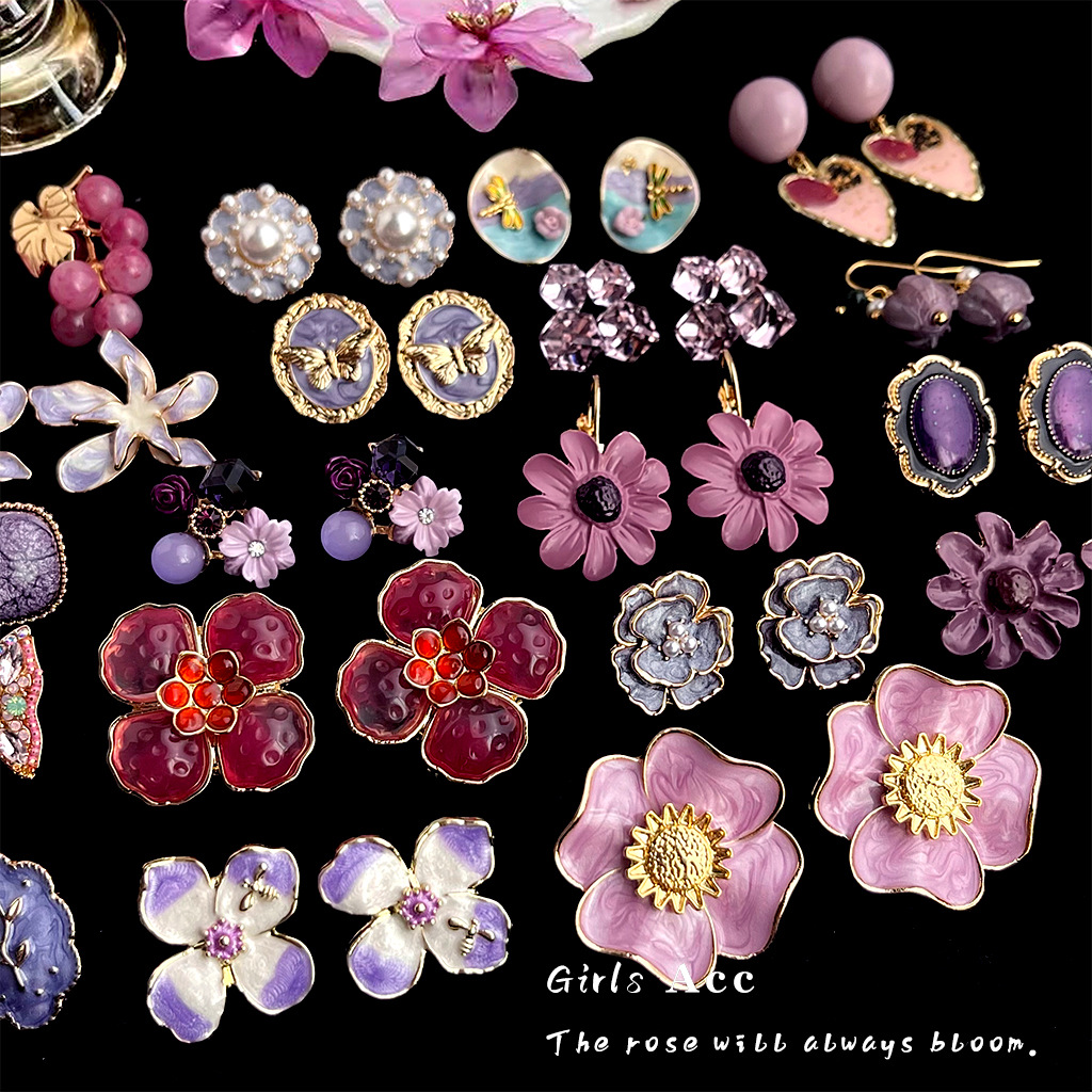 Wholesale Vintage Oil Painting Flower Purple ip Oil Earrings