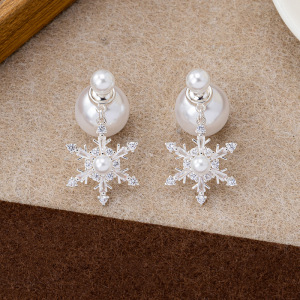 Wholesale Christmas Snowflake Pearl Silver Needle Earrings