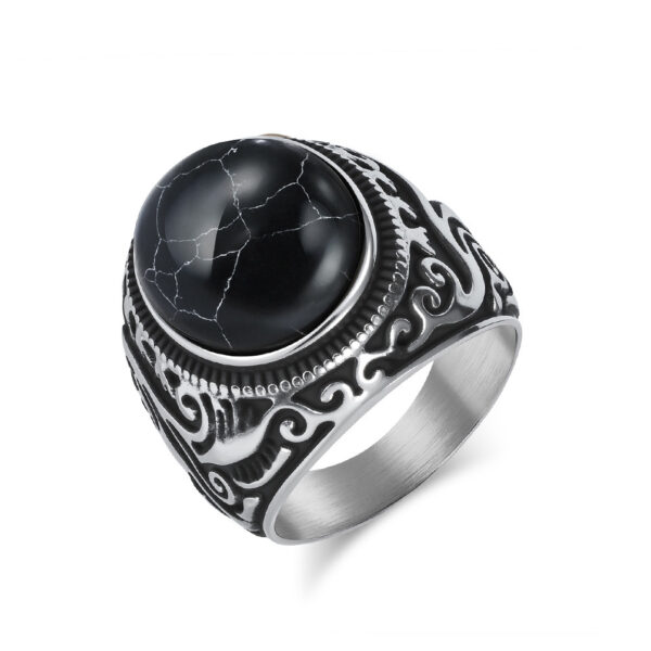Wholesale Vintage carved flower inlaid tiger eye gemstone titanium steel ring