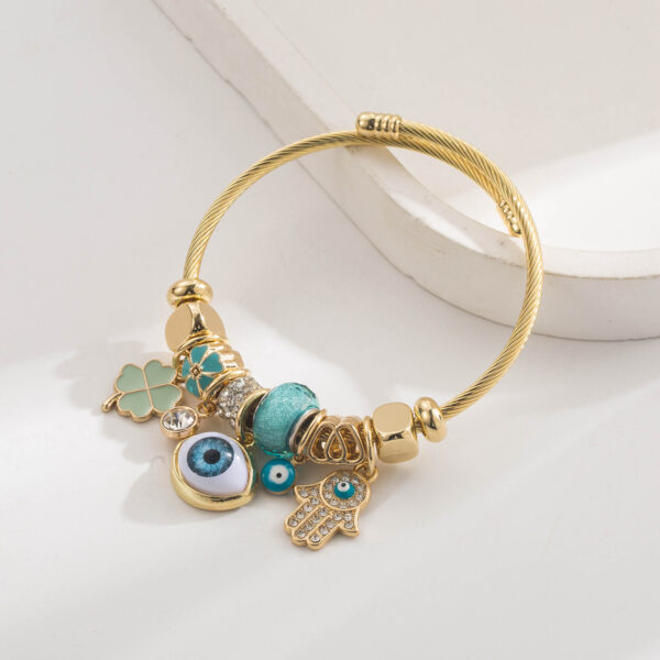 Wholesale Diamond studded Devil's Eye Palm Clover Stainless Steel Bracelet