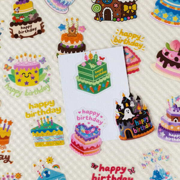 Wholesale 56 colorful birthday cake transparent PET cartoon stickers