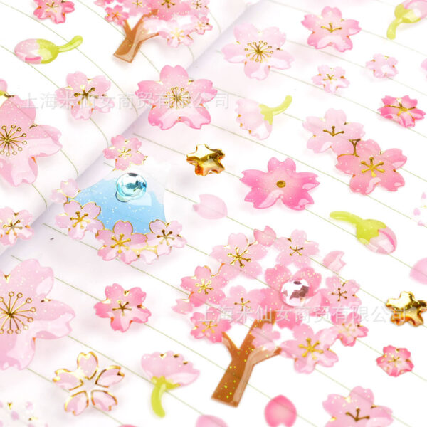 Wholesale Wow WQCC Pink Cherry Blossom Bronzing Crystal Stereo Sticker Children's Girl's Diary Hand Account Water Cup Decorative Glue Drops