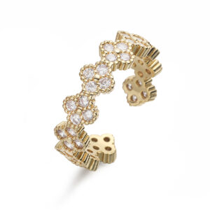 Golden white diamond four leaf clover ring