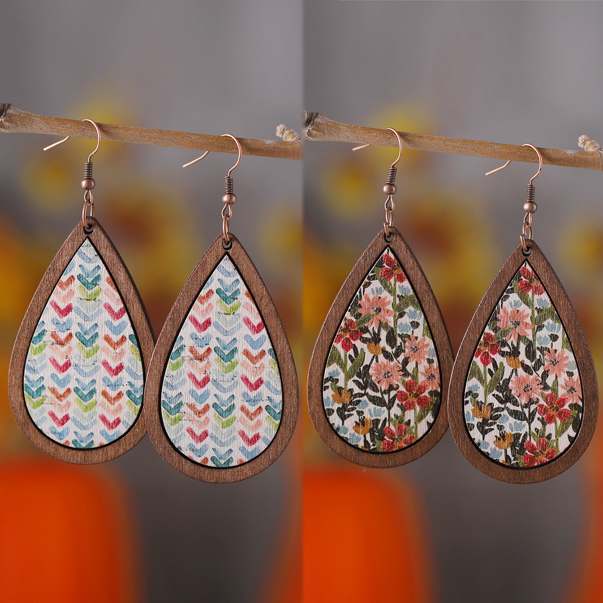 Wholesale Color Flower Arrow Painted Water op Pendant Wooden Bohemian Earrings