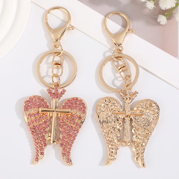 Wholesale Full Diamond Double Wing Cross Metal Keychain