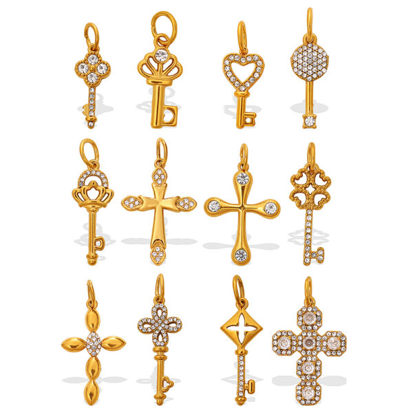 Wholesale Stainless steel gold-colored diamond-studded key cross pendant