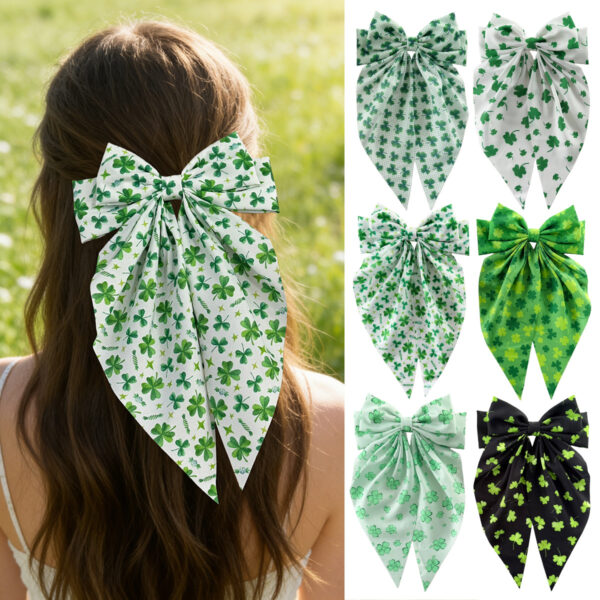 Wholesale Green clover bow, long ribbon, St. Patrick's Day hair clip