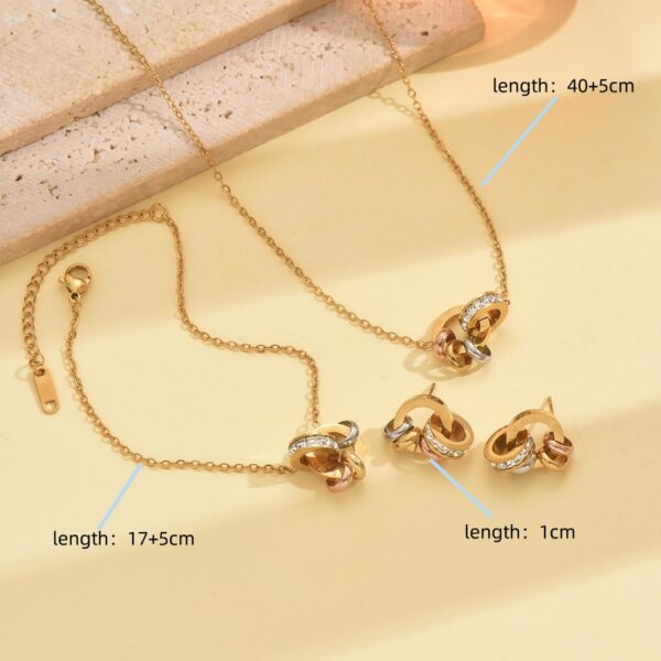 Wholesale Stainless steel gold double-ring linked artificial zircon necklace, bracelet, and earrings