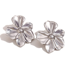 Cast five-petal flower stud earrings-large-steel color