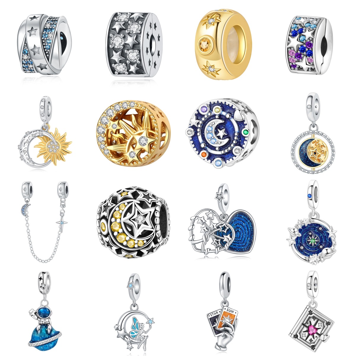 Wholesale Sun Moon Stars Diamonds Sier Plated Charms