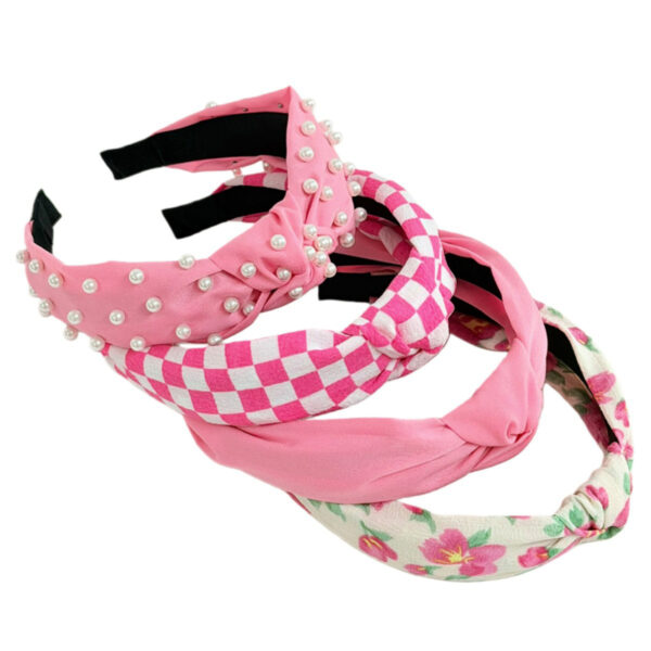 O1CN01evFddu22z4p9A4Q6R_2215750047190-0-cib Wholesale Pink pearl checkerboard fabric printed wide edge knotted headband