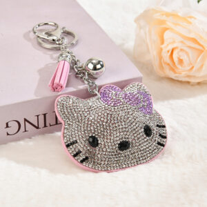 Light purple / Key chain + hot diamond cat + bead tassel