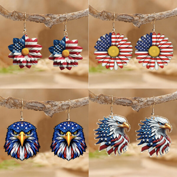 Wholesale Red White Blue Flag Daisy Bald Eagle Pendant Acrylic Earrings