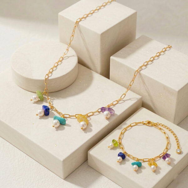 Wholesale Jewelry Set Women's Natural Stone Pendant Accessories, Titanium Steel Bracelet, and Pearl Necklace Set