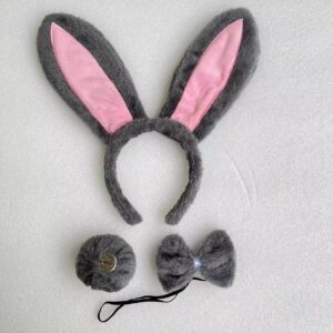 Fur powder gray rabbit ears bow tie pin tail