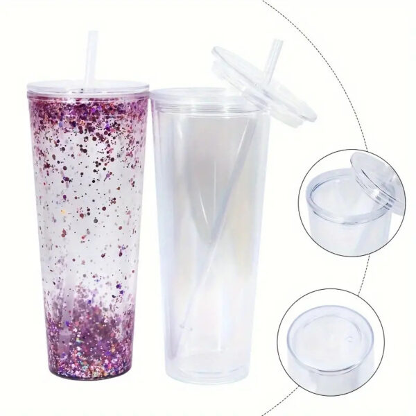 Wholesale Cross-Border New Product Double-Layer Punched 24oz Plastic Cup Flat Lid Acrylic Office Transparent Straw Cup Custom Pattern