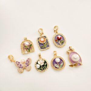 Wholesale 18K Hand painted Oil Painting Series Ancient Technique Enamel Inlaid Natural Pearl Pendant