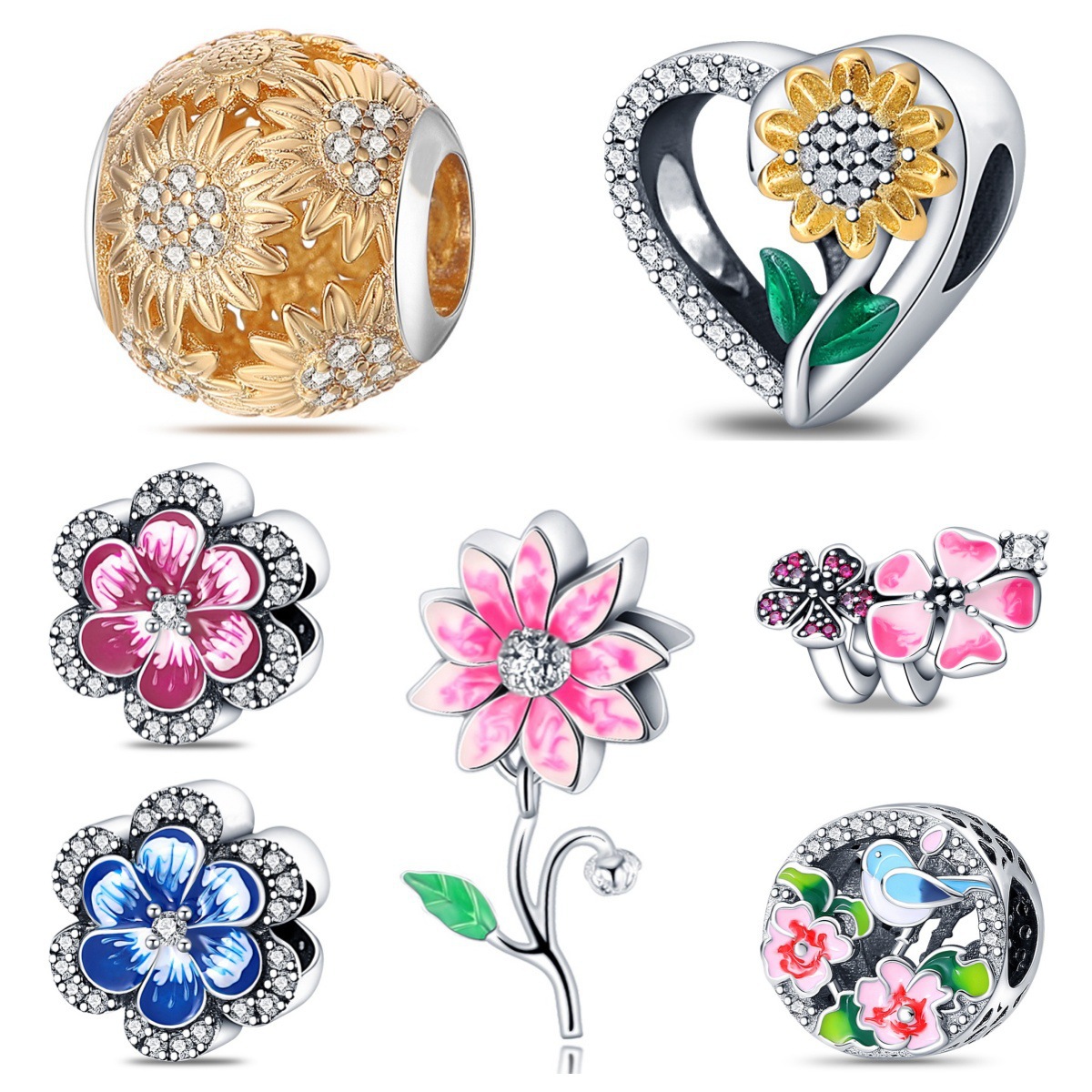 Wholesale Chrysanthemum Suower Beads Sier Plated Charms