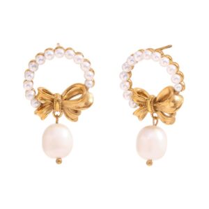 Tassel pearl bow pendant stud earrings-gold