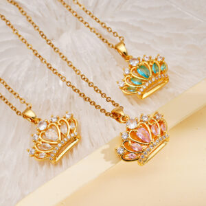 Wholesale Copper Inlaid Zircon Princess Crown Pendant Necklace Stainless Steel Clavicle Chain