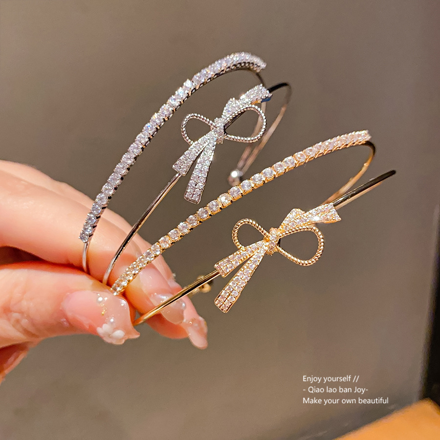 Wholesale Gold sier zircon bow double layered open bracelet