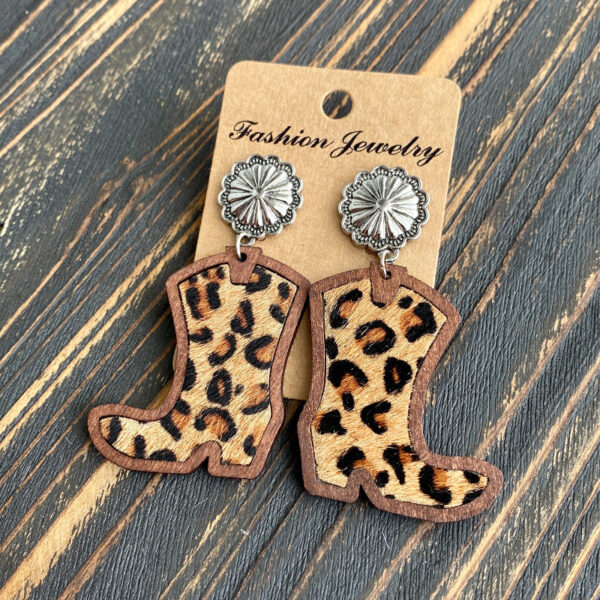 Wholesale Cross-border European and American Western Denim boots earrings classic leopard leather inlaid wood texture earrings factory supply