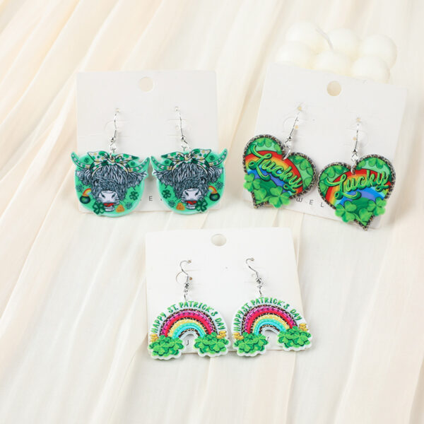 Wholesale Double sided St. Patrick's Day green love rainbow acrylic earrings