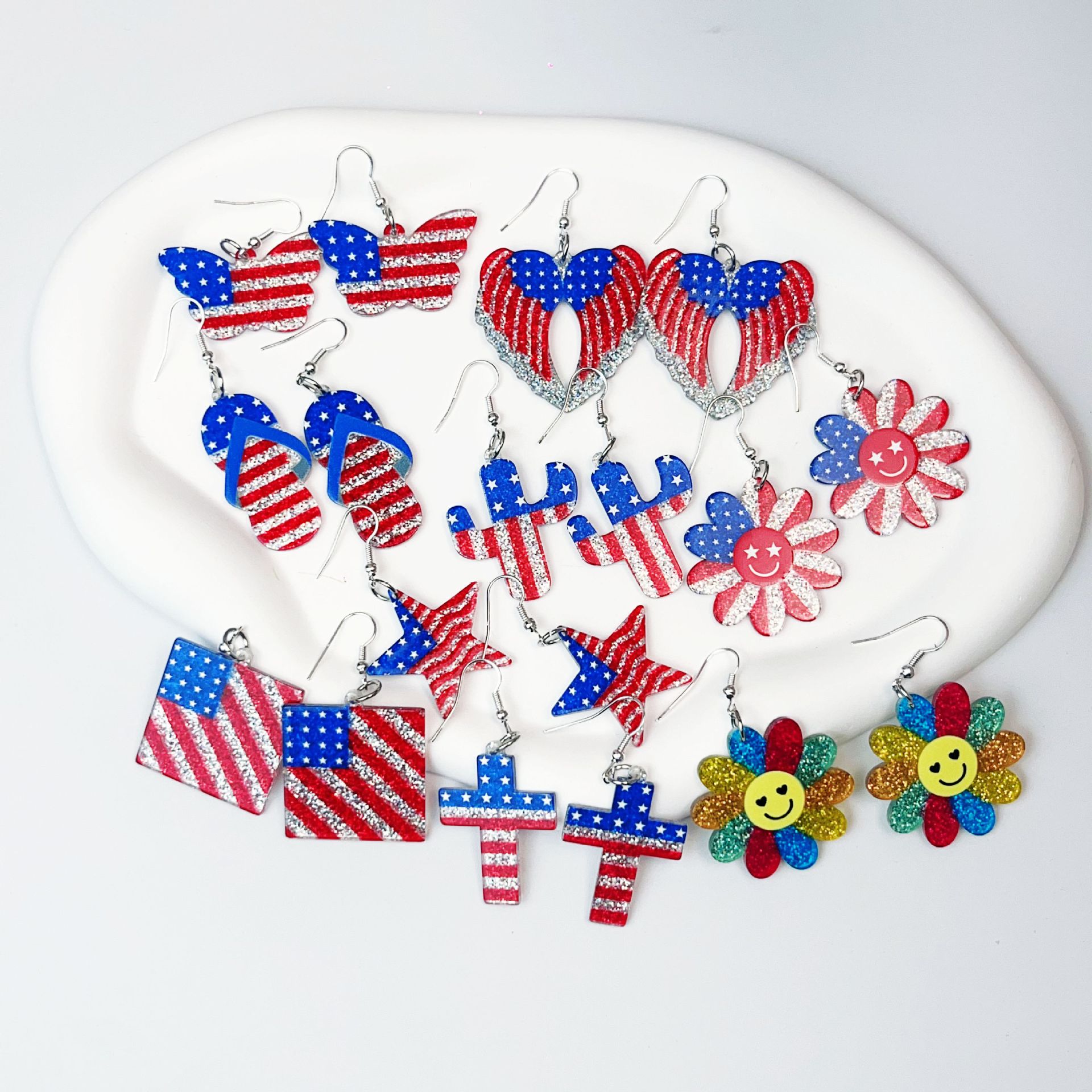 Wholesale Independence Day Flag Red Blue Suower Love Earrings